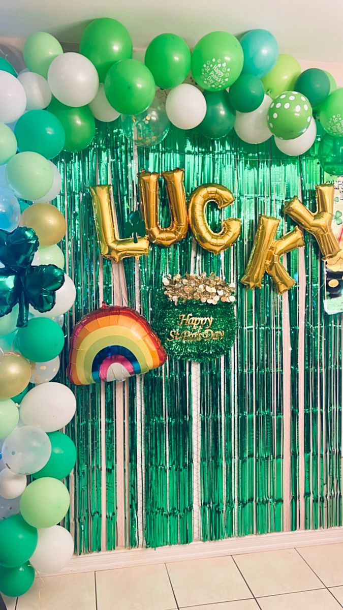 St. Patrick's Day LUCKY balloon backdrop with green garland